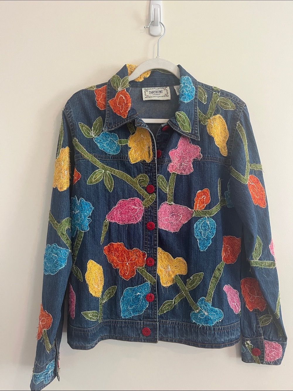 Vintage Tantrums Denim Jacket Embroidered Floral Artsy Funky Unique M Kidcore